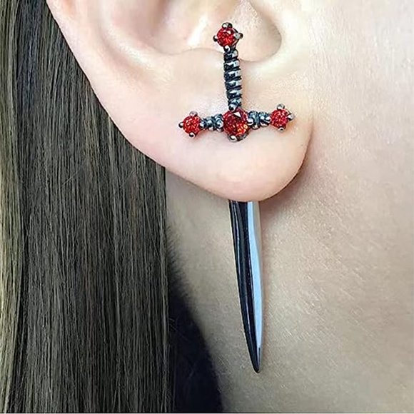 Gothic Sword Cool Punk Dagger Earrings Black With Red Crystal - Picture 4 of 4